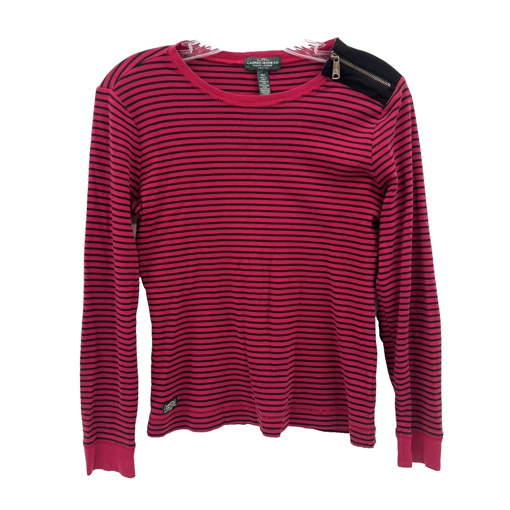 LRL LAUREN JEANS CO Women's PM Red Striped Long-Sleeve Top Zipper Elbow Patches